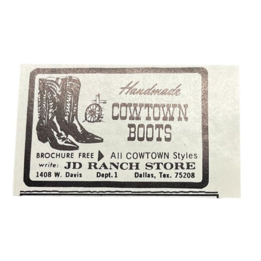 Cowtown Boots Mini Vintage Print Ad 1970s JD Ranch Dallas TX Western Cowboy